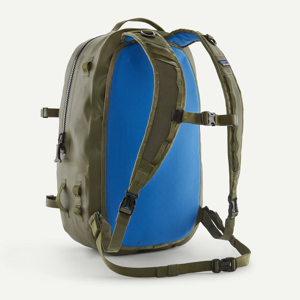 Olive Patagonia Guidewater backpack with blue padded back panel, adjustable straps, sternum buckle and durable fabric