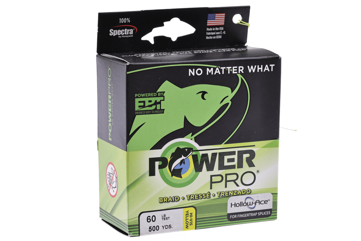 PowerPro Hollow Ace braided fishing line backing, 60lb test 500 yards, yellow hollow-core design for fingertrap splices