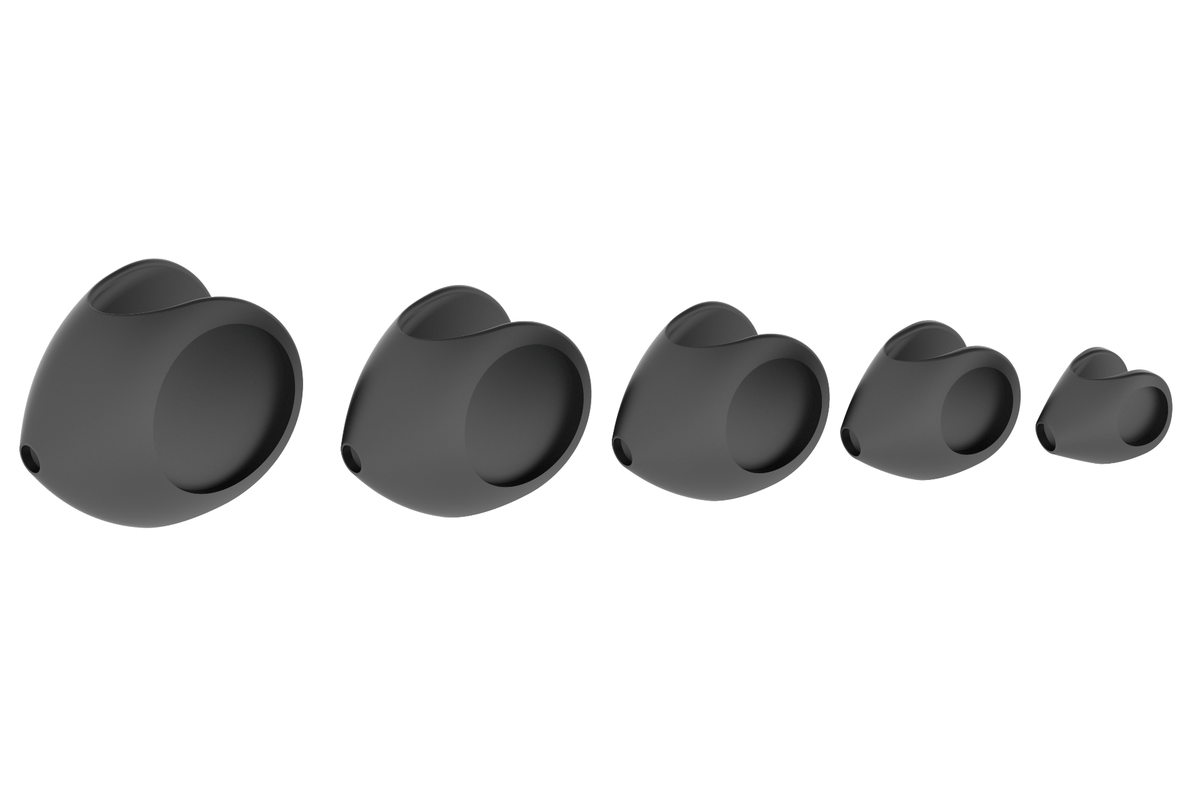 Five matte black Pro Sportfisher softheads for fly tying, silicone hollow heads with nose holes in graduated sizes
