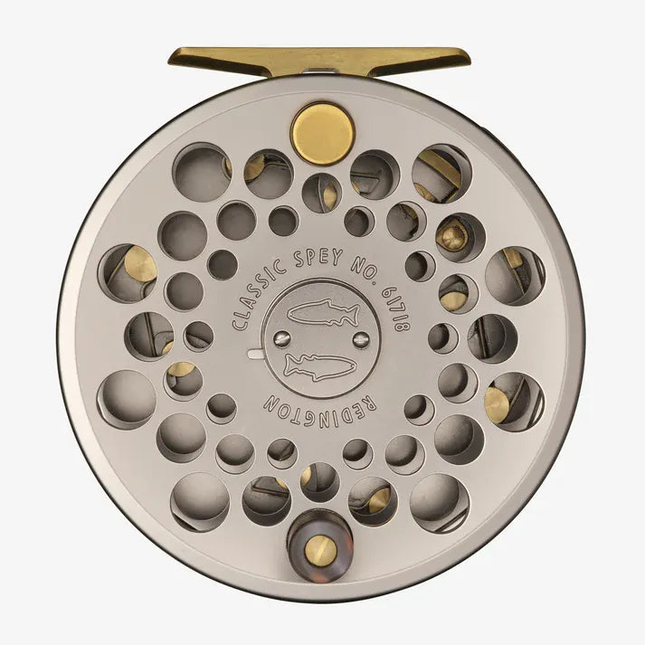 Redington Classic Spey spare spool, matte silver aluminum with round perforations, brass-gold accents and engraved fish logo