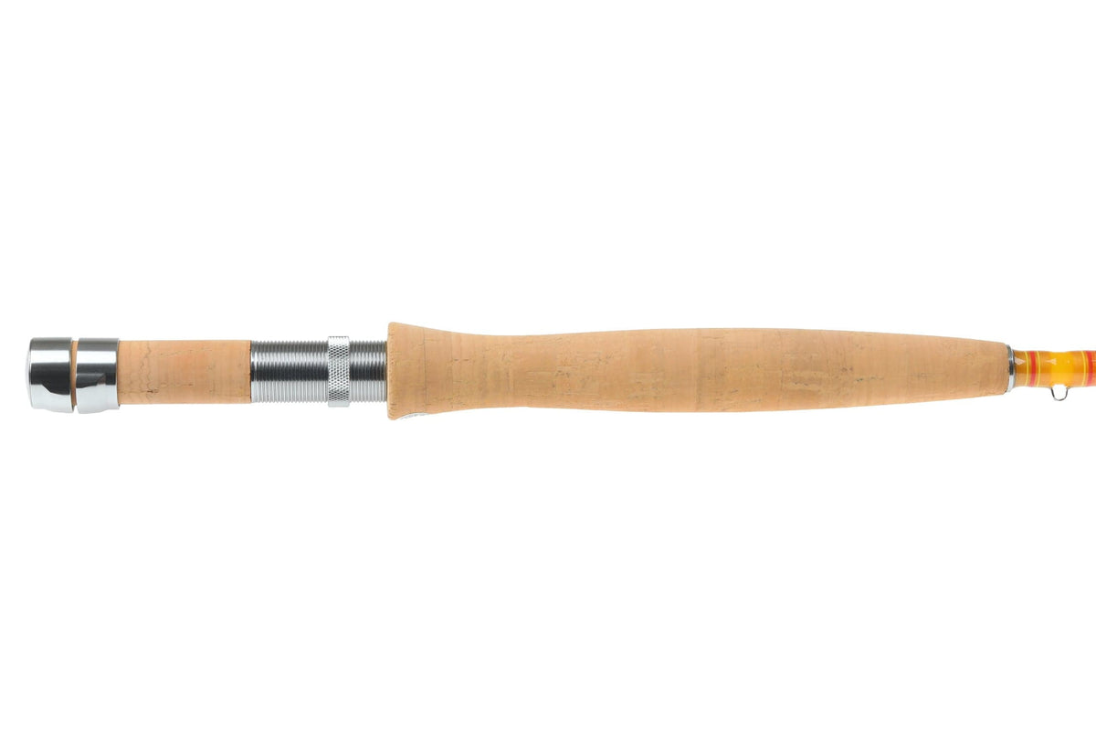 Redington Butter Stick fly rod cork handle with polished aluminum reel seat and yellow-orange glossy blank accent