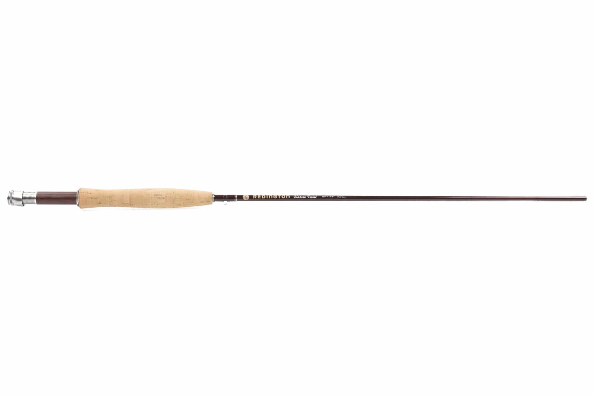 Redington Classic trout fly rod with natural cork grip, dark brown rod blank and silver metal reel seat