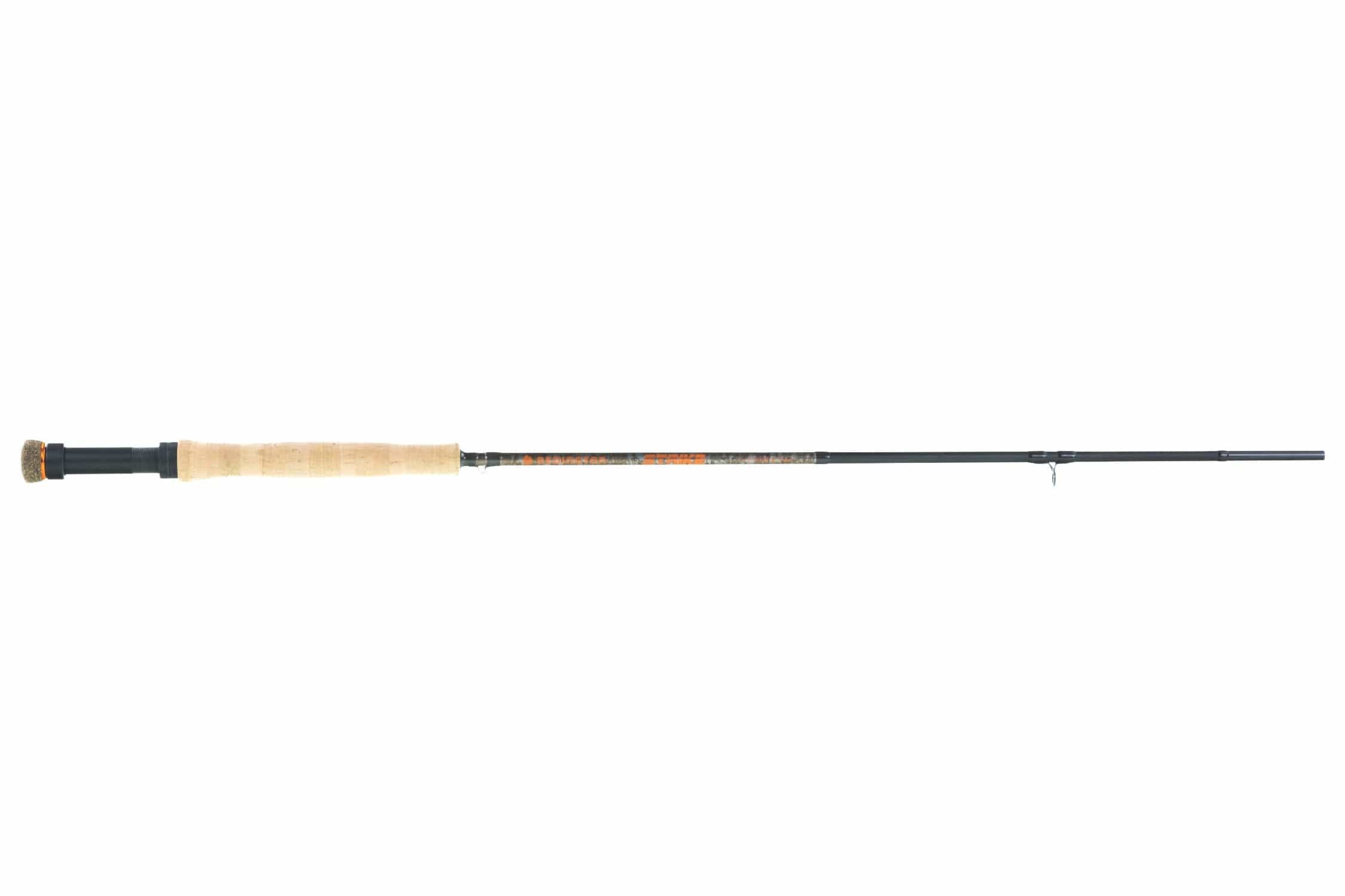 Redington Strike II fly rod with natural cork handle, matte black graphite blank and orange accent graphics