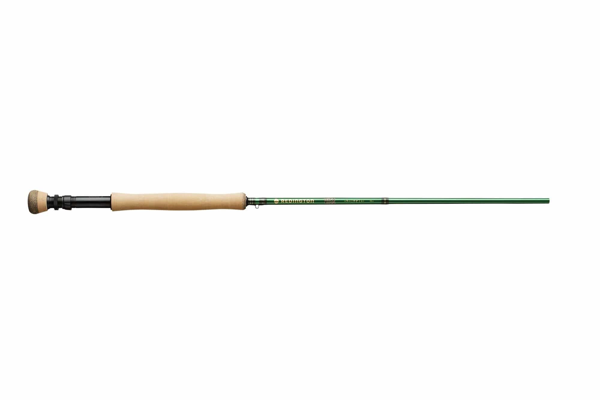 Redington Vice fly rod with metallic green blank, natural cork grip and black anodized reel seat, slim graphite design
