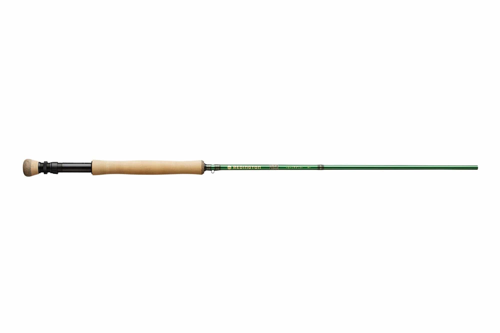 Redington Vice green fly rod with natural cork grip and black reel seat, slim green blank