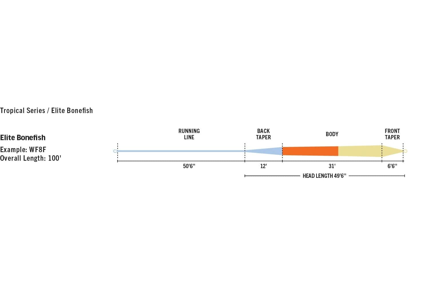 Rio Elite Bonefish fly line diagram showing pale blue running line, light blue back taper, orange body and yellow front taper