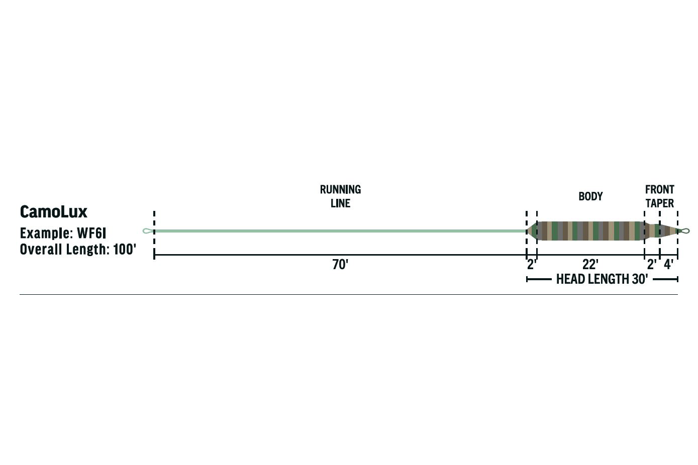Rio Camolux fly line diagram with pale green running line, camo-striped body and tapered head labeled lengths