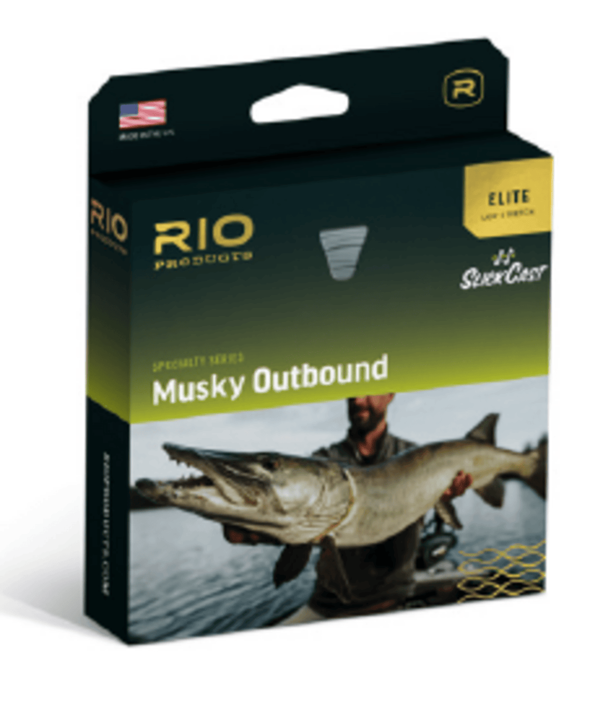 Rio Elite Musky Outbound fly line box with black-to-olive gradient, gold RIO logo and angler holding a large musky