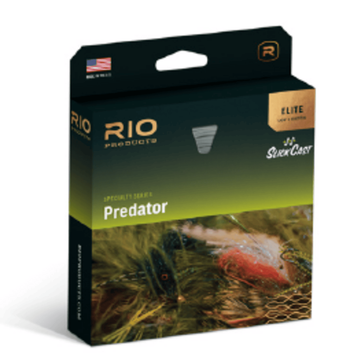 Rio Elite Predator fly line box, dark green-to-lime gradient packaging with gold RIO logo and fly lure artwork
