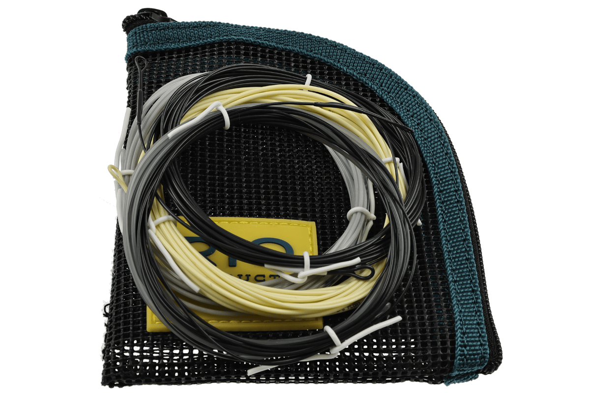 Coiled yellow, gray and black Rio Scandi fly line on black mesh pouch with teal trim