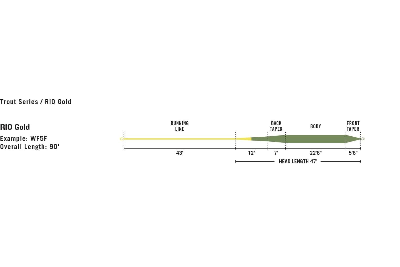 Rio Gold Premier fly line diagram showing yellow running line and olive-green tapered body with front and back tapers