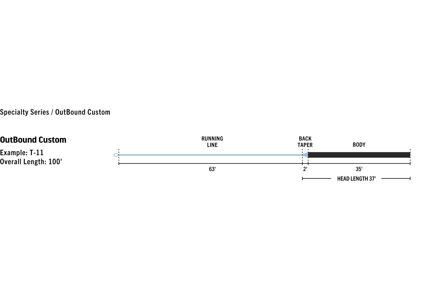 Rio Outbound Custom fly line diagram: light blue running line, 2' back taper, dark charcoal 35' body on white background