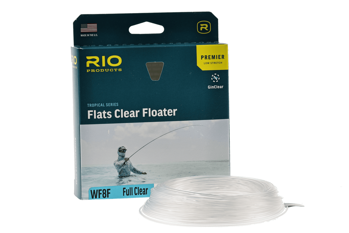 Rio Premier Flats Clear Floater WF8F fly line with packaging showing tropical series design and full clear weight-forward