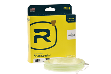 Rio night-shift fly line coiled translucent pale chartreuse beside bright yellow Rio packaging with large R logo