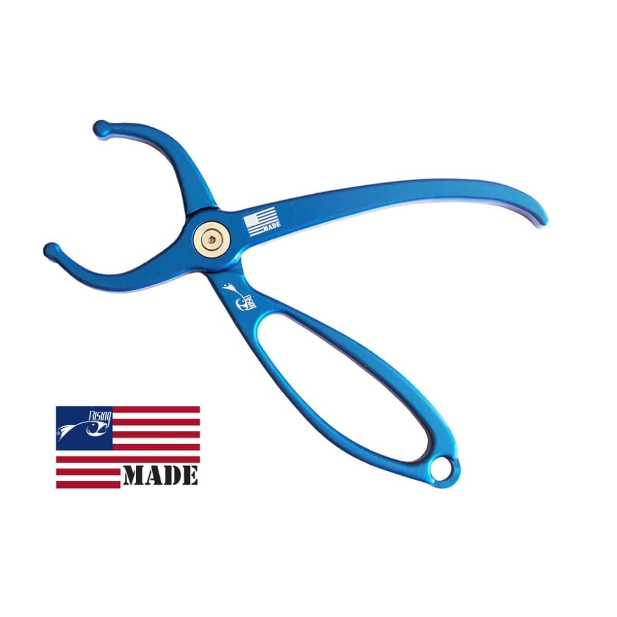 Blue anodized aluminum Rising Lippa4Life fish lip grip with curved jaws, brass pivot, and loop handle, made in USA