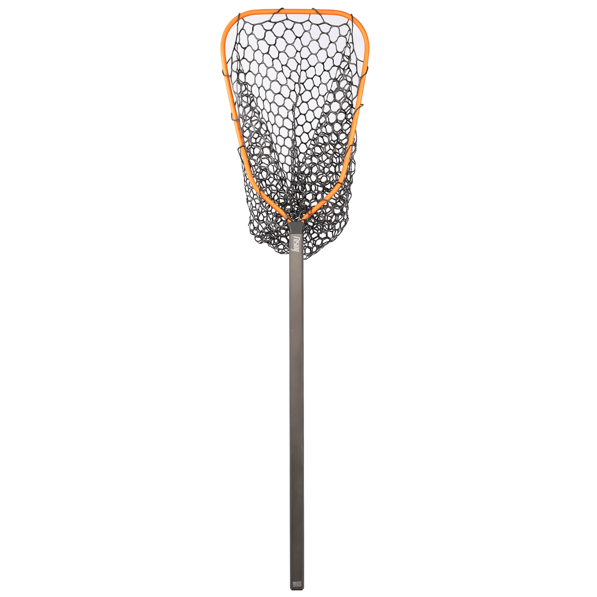 Rising boat net with orange rubber frame, black rubberized mesh bag, and long gray handle on white background