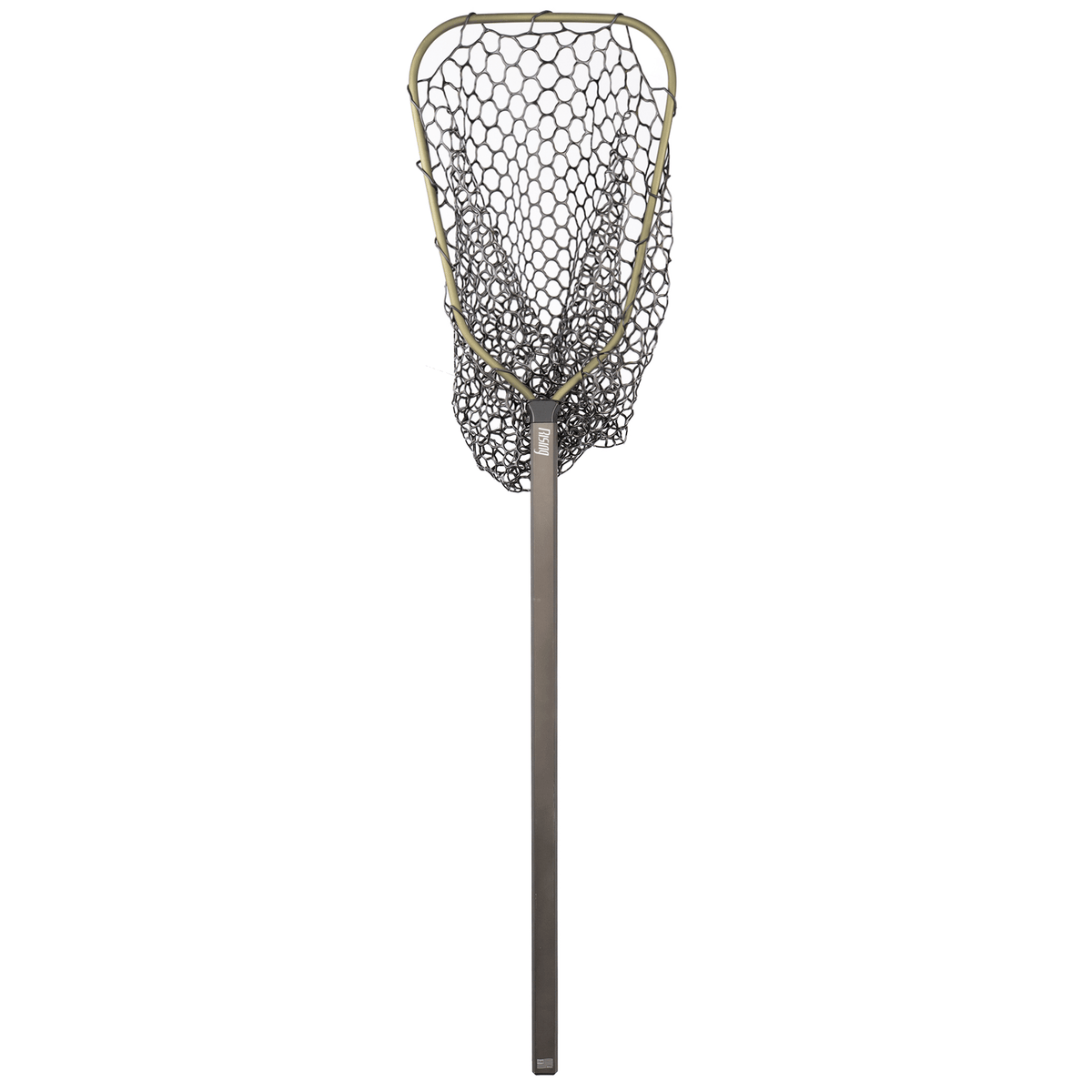 Rising boat net with olive green frame, black rubber mesh bag, and long gray handle on white background