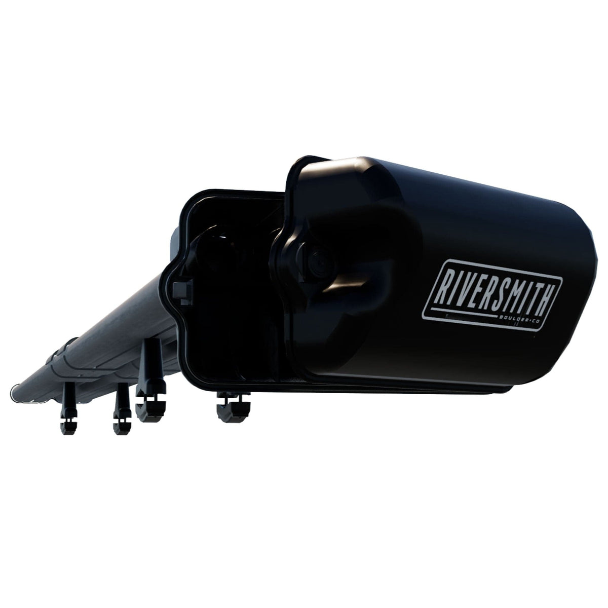 Black Riversmith Euro River Quiver 11'4 fishing rod rack mounted on vehicle with multiple rod holders