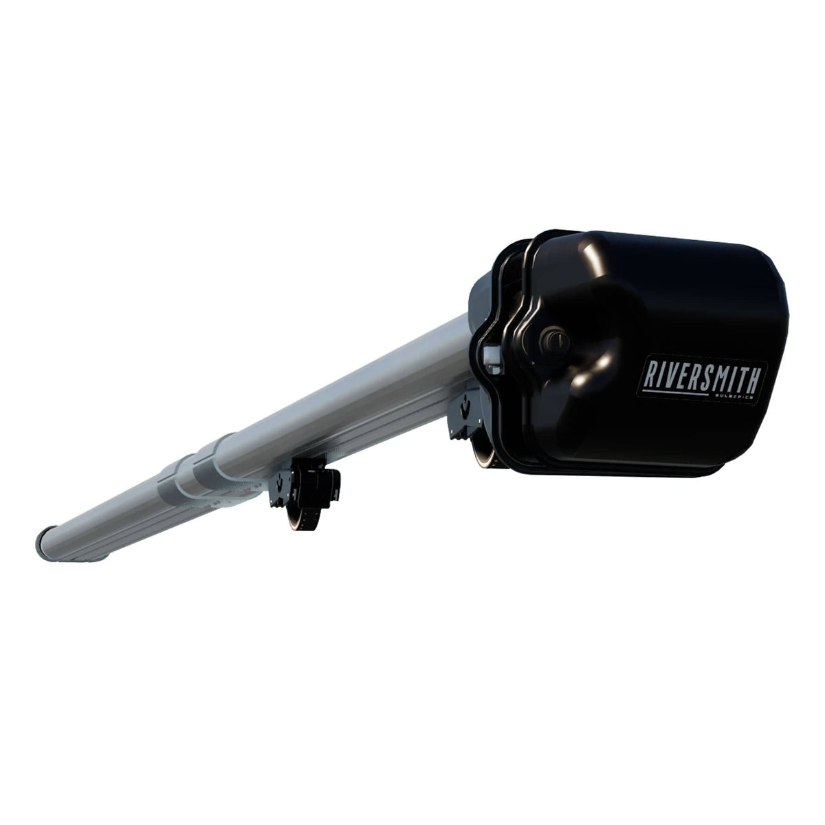Riversmith Euro River Quiver 11'4 black and silver fishing rod holder mounted on white background