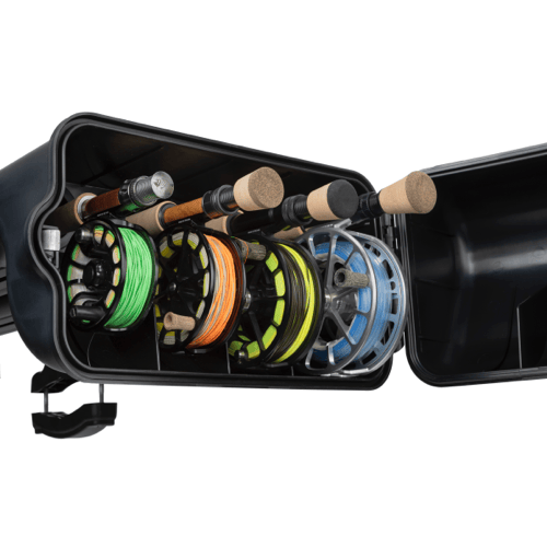 Riversmith Euro River Quiver black fishing rod rack displaying multiple colored fly fishing reels and wooden rod handles