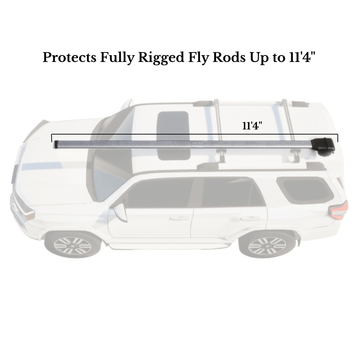 Riversmith Euro River Quiver 11'4 silver aluminum fly rod roof rack mounted on white SUV protecting fully rigged fishing rods