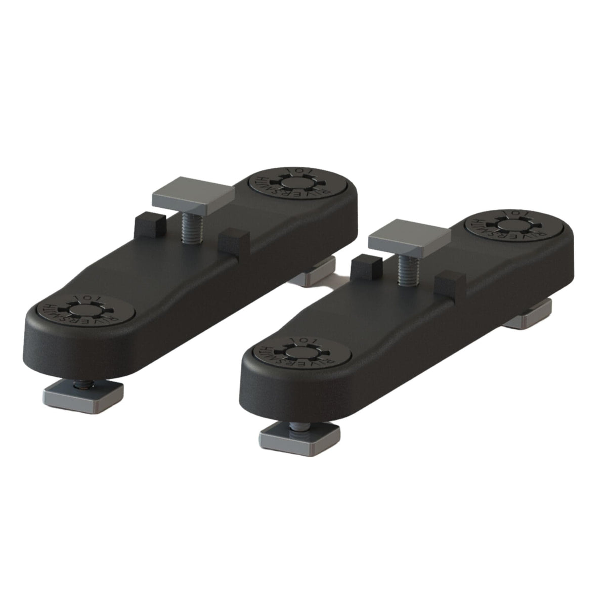 Black low-profile T-track rod holder mounts with adjustable mounting hardware and rubber grip pads, sold as pair