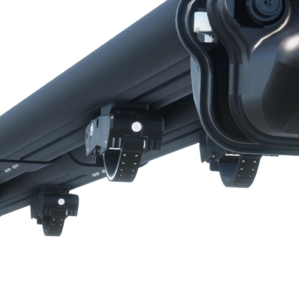 Black quick release rod rack mount with secure attachment brackets and white adjustment knobs for vehicle roof rails