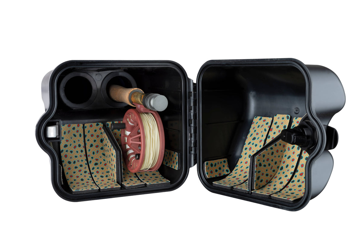 Riversmith River Quiver open storage case with tan dotted interior, fishing rod holder, and red reel organizer displayed.