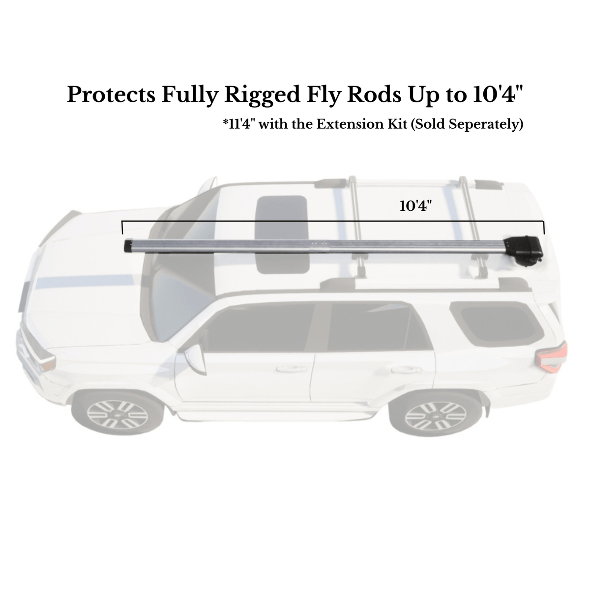 Riversmith River Quiver silver fishing rod rack mounted on white SUV roof, holds fully rigged fly rods up to 10'4