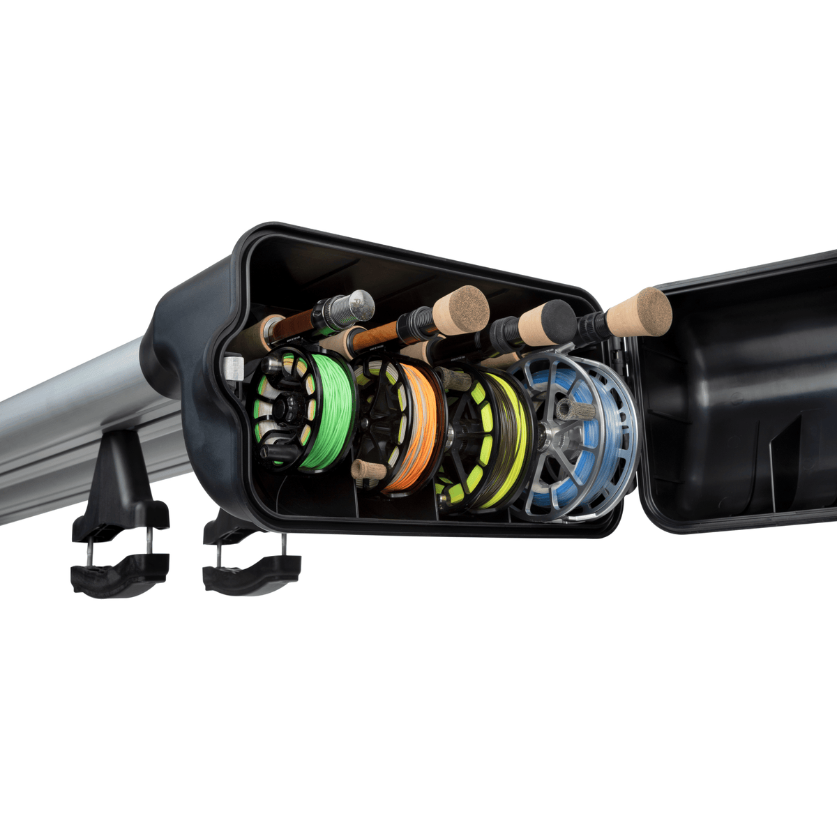 Riversmith River Quiver fishing rod rack mounted on vehicle roof rack, displaying four fly fishing rods with colorful reels