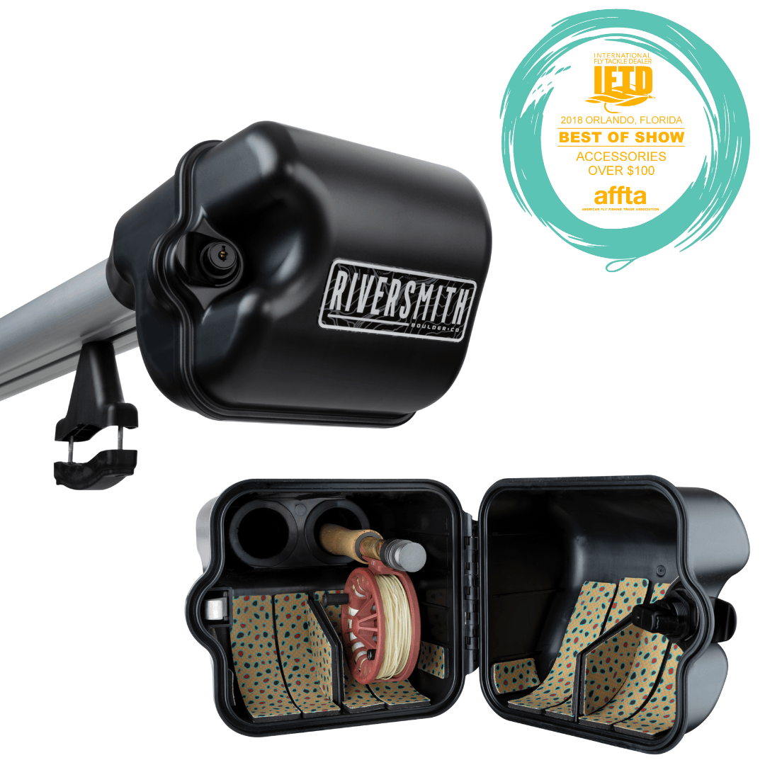 Riversmith River Quiver black fishing rod rack with open storage compartments showing organized tackle and reel storage