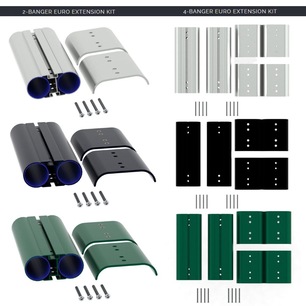 Riversmith River Quiver Euro Extension Kits in white, black, and green with dual tube design and mounting hardware