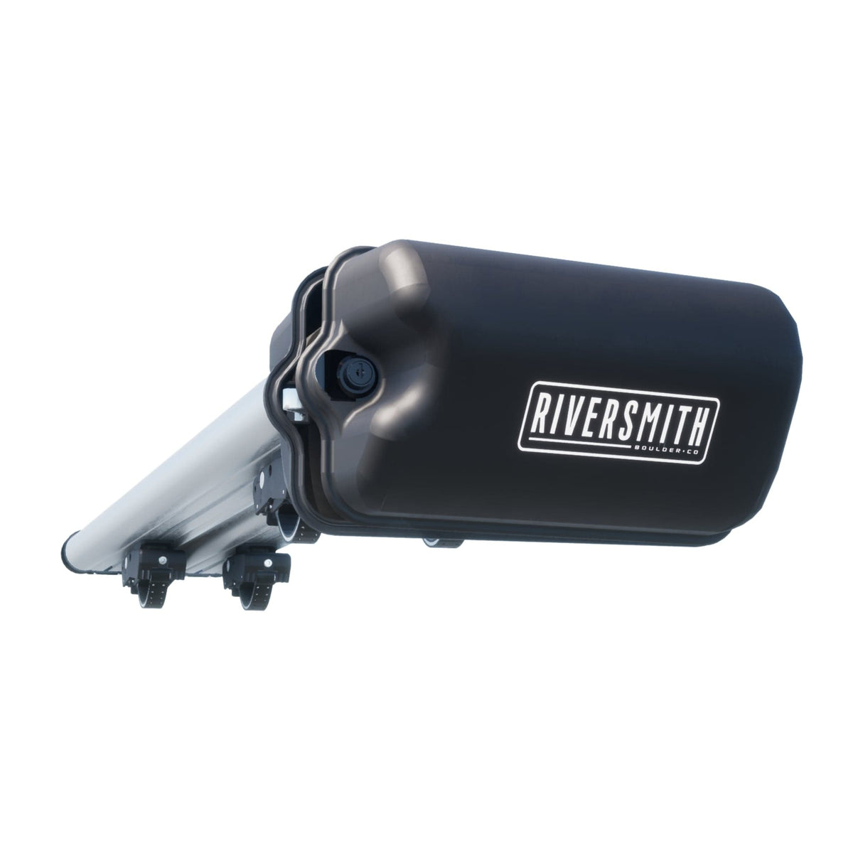 Riversmith ShortCut black fishing rod quiver mounted on vehicle with silver aluminum pipe and secure clamps