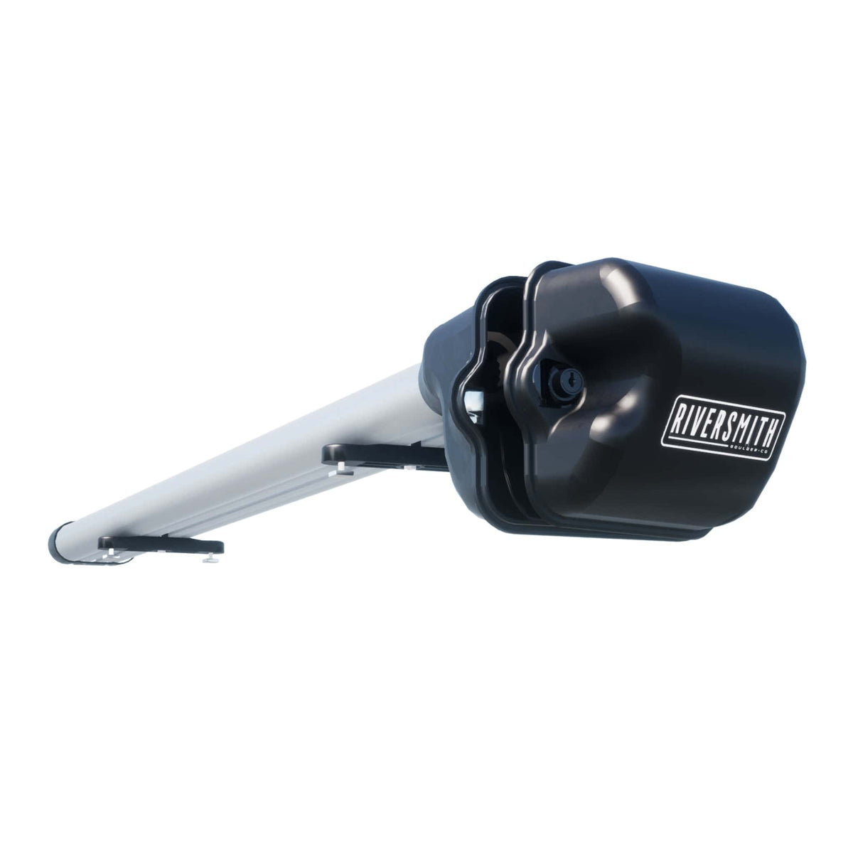 Riversmith ShortCut black fishing rod quiver mounted on silver aluminum arm, compact vehicle rack system