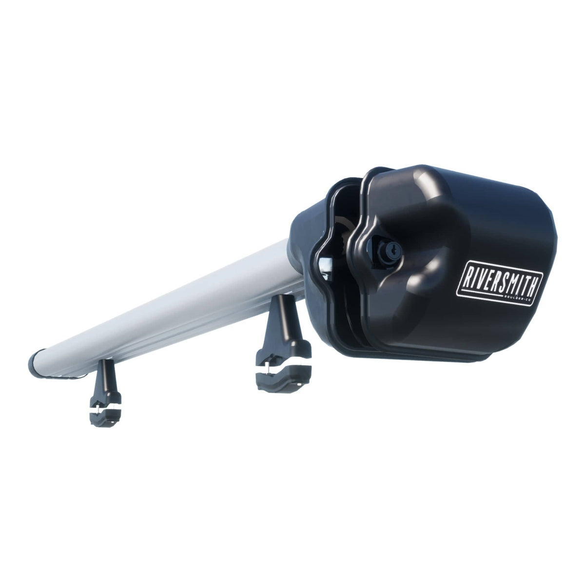 Riversmith ShortCut black fishing rod quiver with gray aluminum rod holder mounted on white background