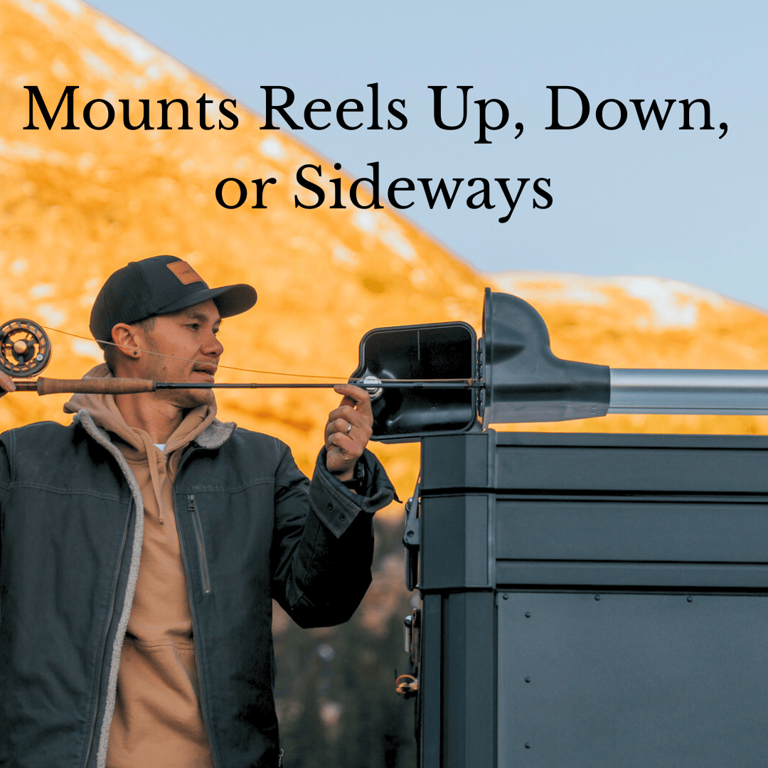 Man demonstrating Riversmith ShortCut fishing rod rack mounted on truck bed, showing vertical reel positioning against