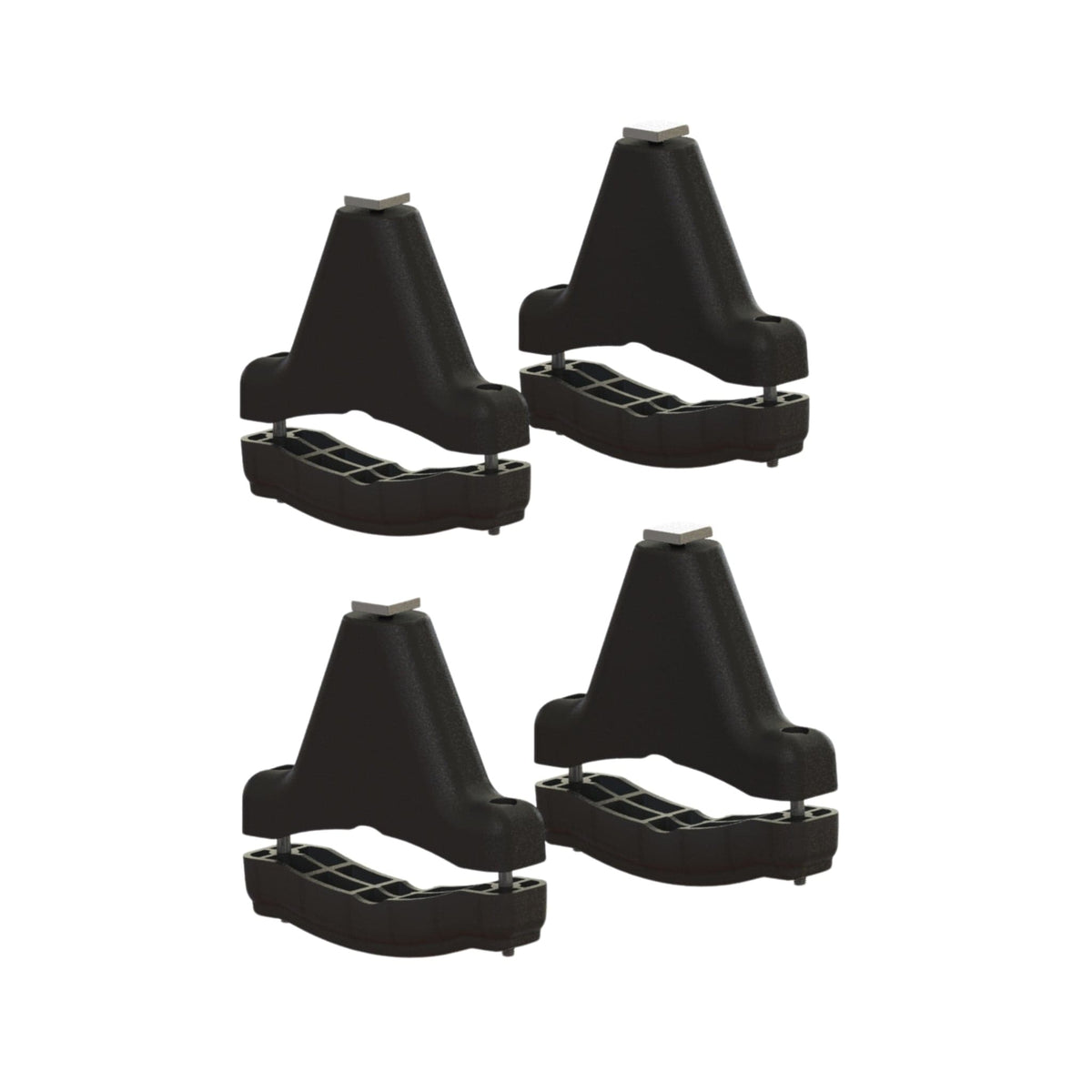 Set of four black Riversmith Standard Mounts with cone-shaped tops and curved bases for secure installation.