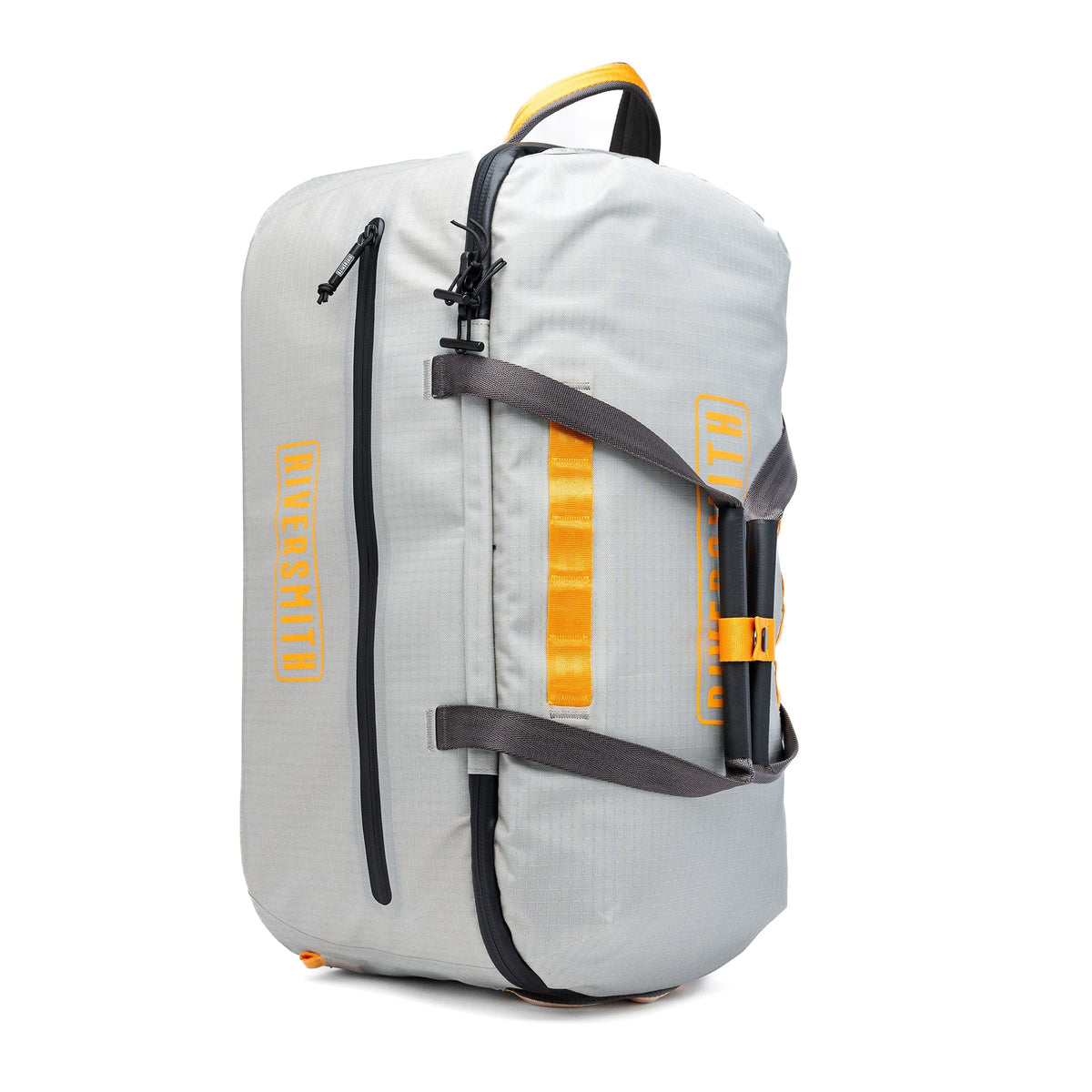 Riversmith gray and orange waterproof duffel bag with carry handles and shoulder strap for gear transport