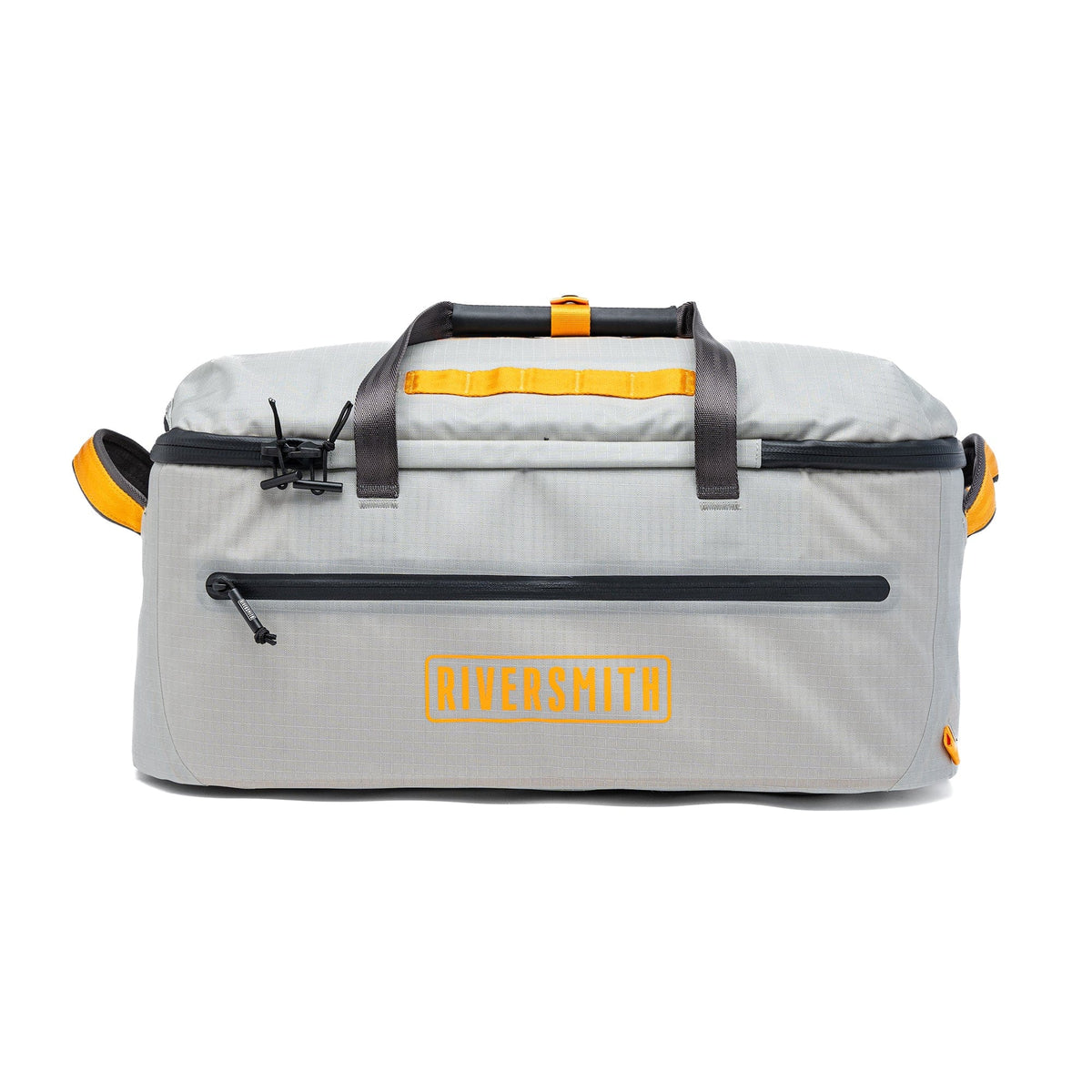 Riversmith gray and yellow waterproof duffel bag with carrying handles and front zipper pocket