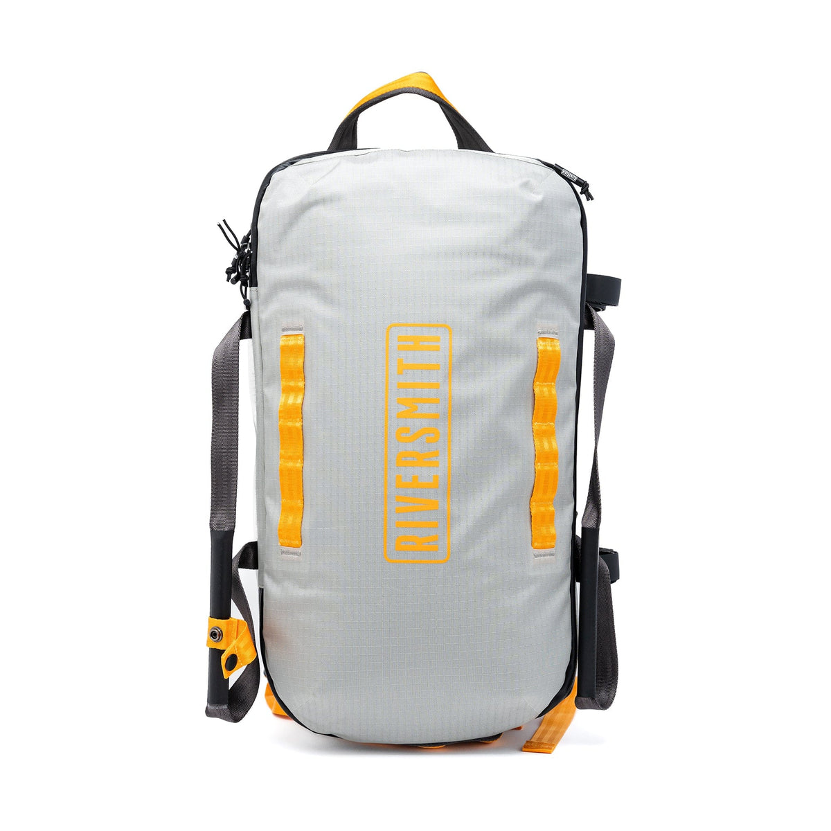 Riversmith waterproof duffel bag in gray with yellow accents, featuring padded straps and side pockets for outdoor gear