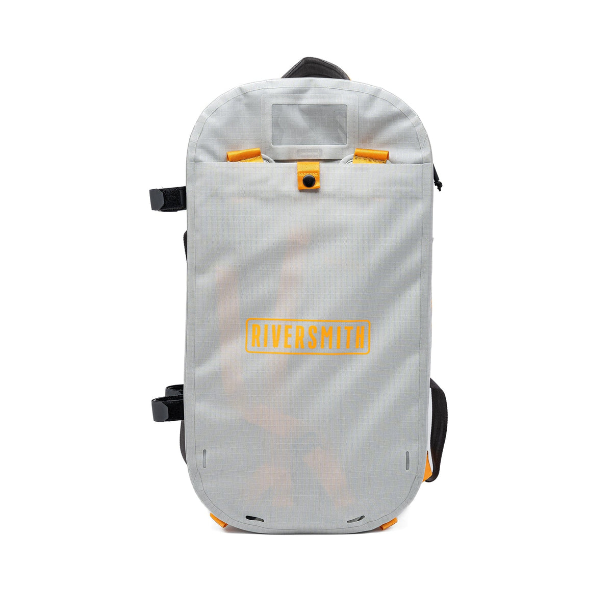 Riversmith gray waterproof duffel bag with orange accents, front pocket, and carry handles for adventure gear storage