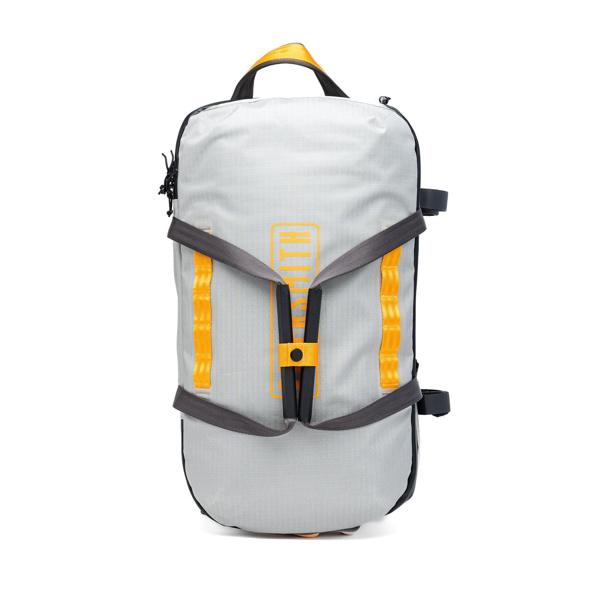 Riversmith waterproof duffel bag in gray with yellow accents, featuring straps and top handle for outdoor gear transportation