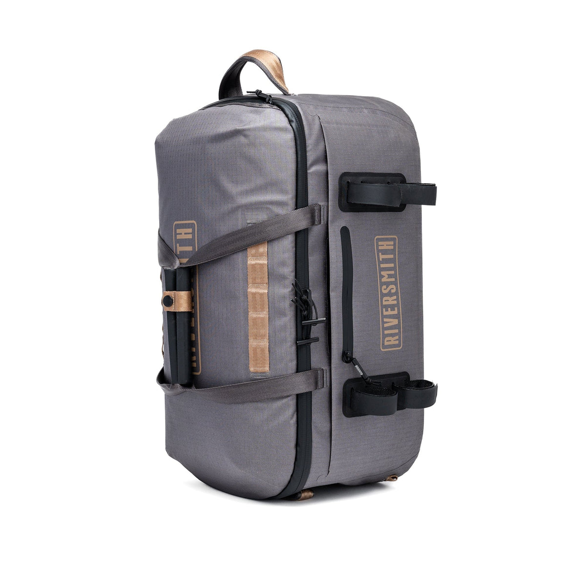Gray waterproof duffel bag with tan accents and black straps by Riversmith, front view