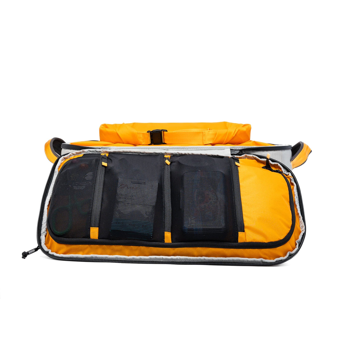 Yellow waterproof duffel bag with black mesh pockets and orange accents, open view showing interior compartments and storage