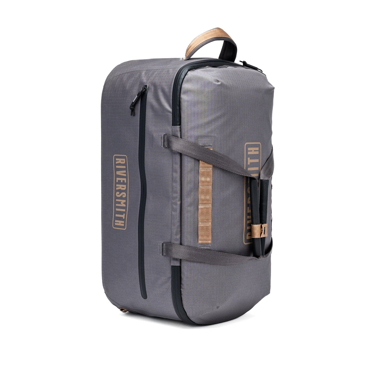 Gray waterproof duffel bag with tan leather handles and straps by Riversmith, front view