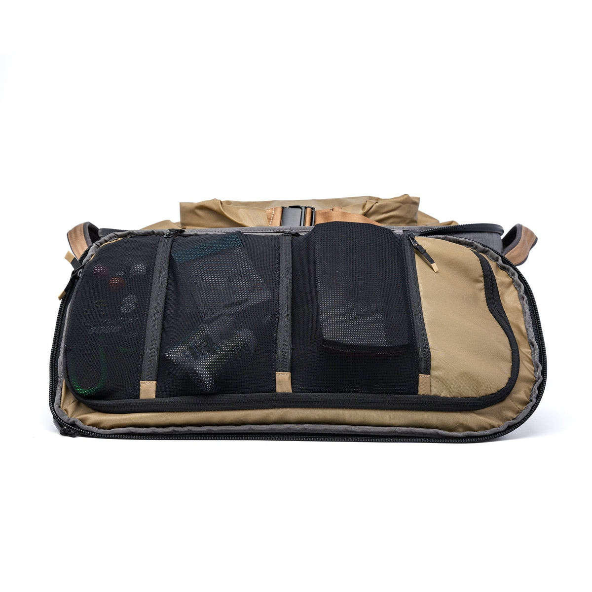 Riversmith waterproof duffel bag in tan and black with mesh pockets and organized compartments, front view open