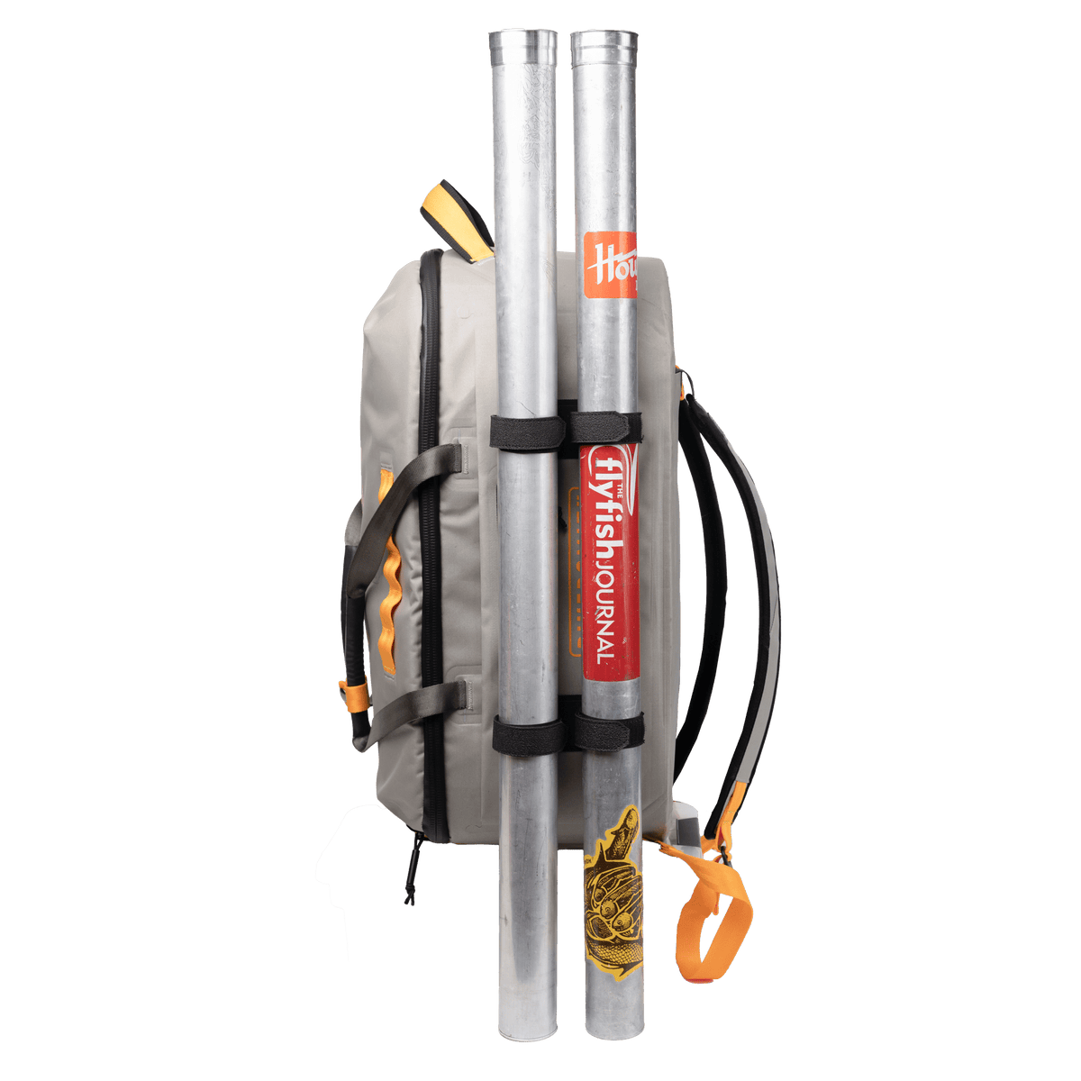 Riversmith gray waterproof duffel bag with orange accents mounted on aluminum poles with climbing gear straps