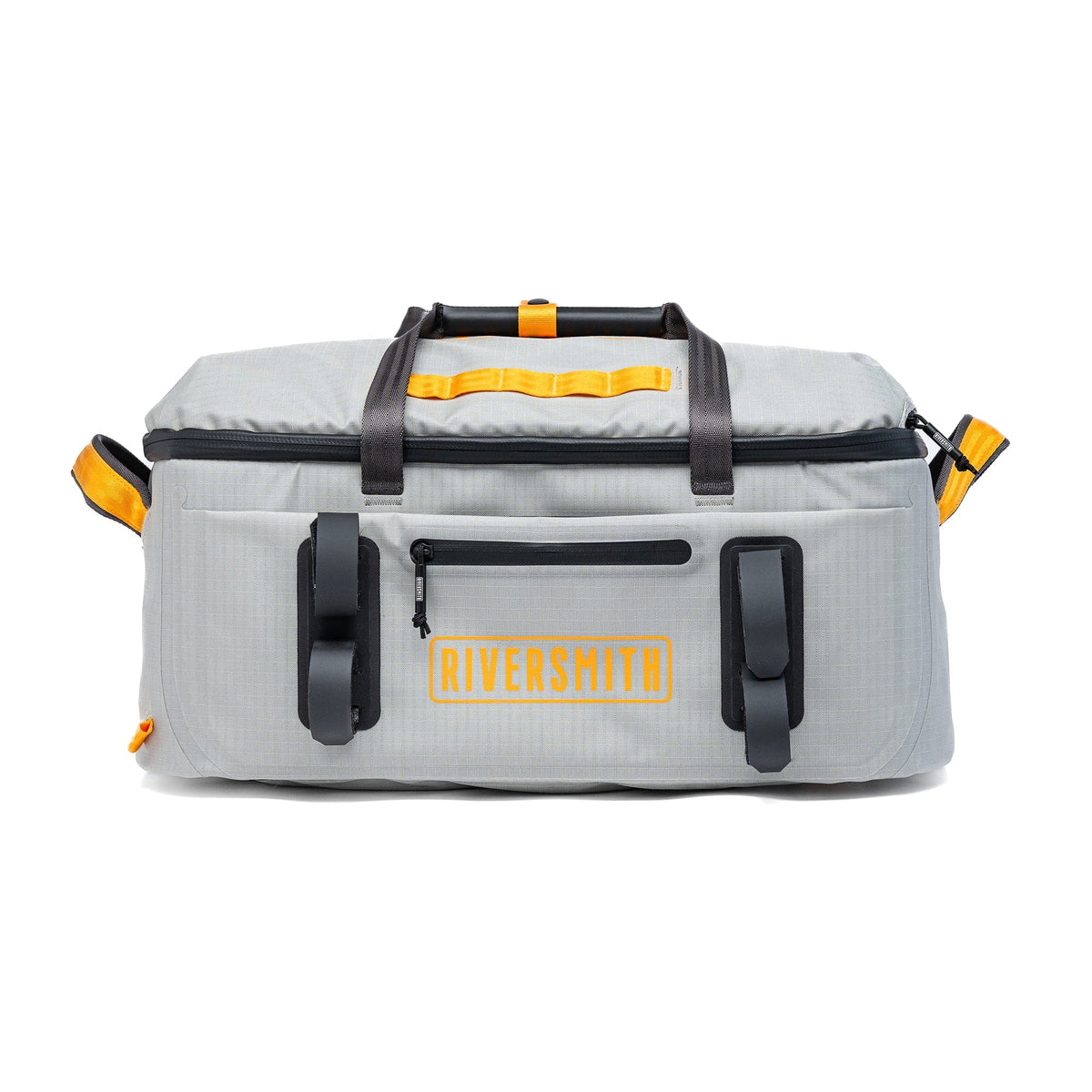 Riversmith waterproof duffel bag in gray with yellow accents and black handles, front view