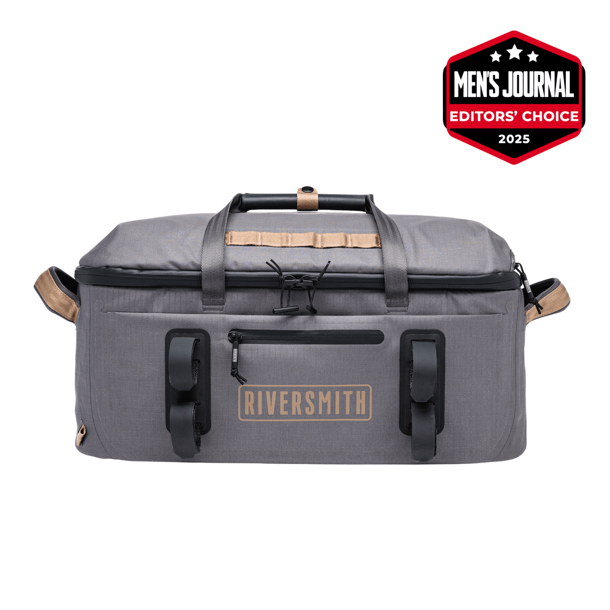 Riversmith waterproof duffel bag in gray with tan leather handles and black straps, featuring Men's Journal Editors' Choice