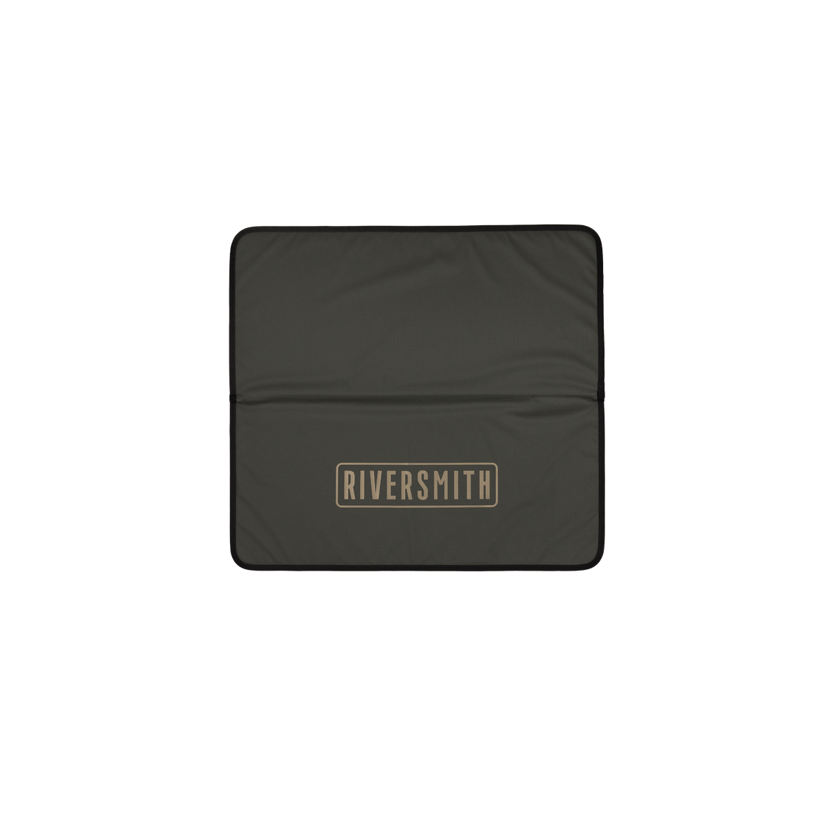 Black Riversmith wader bag with rounded corners and tan logo, compact gear storage solution for fishing equipment transport